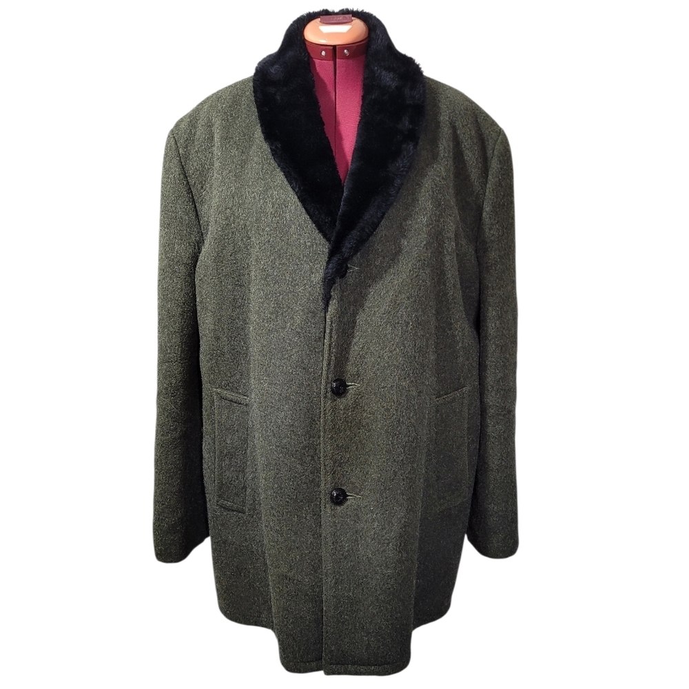 Vintage Wool Green Overcoat with Black Faux Fur Trim And Lining